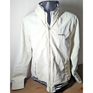 Tommy Hilfiger Jacket Mens White Size XL Hooded Windbreaker Elastic Waist Logo